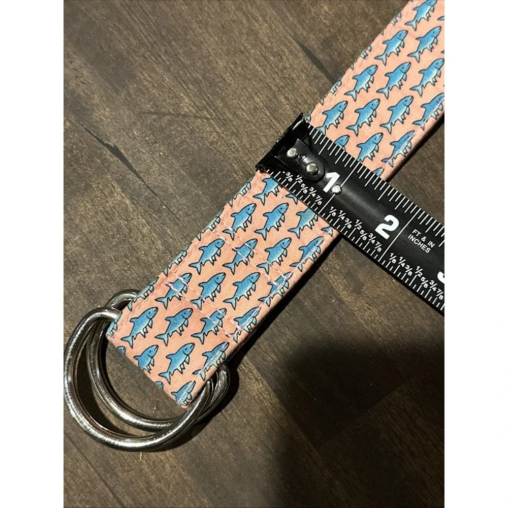 Vineyard Vines Cotton Belt With Blue Sharks on Pink Sz Medium Silver Buckle
